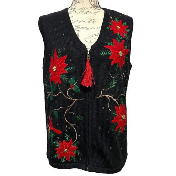 Sarah Bentley Christmas Poinsettia Sweater Vest Size M Full Zip - Picture 6 of 6